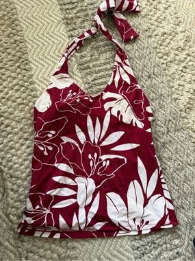 Cherokee burgundy maroon & cream Floral Halter One-Piece Swim top tankini 6